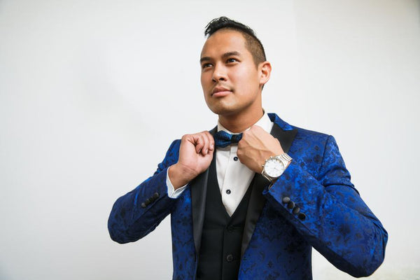Load image into Gallery viewer, Man wearing blue silk tuxedo
